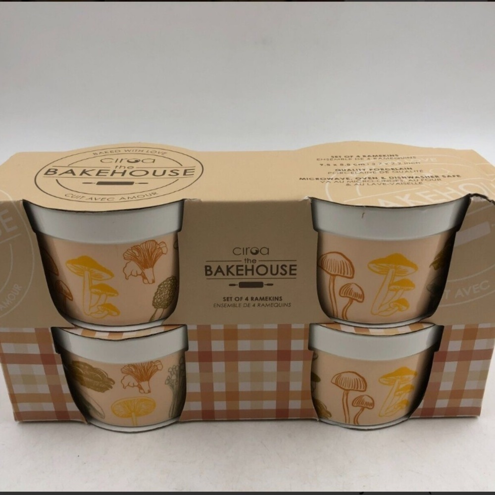 CIROA THE BAKEHOUSE SET OF 4 RAMEKINS, MUSHROOM MOTIF, NIB